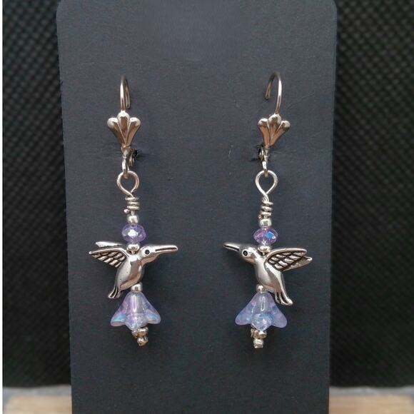 Silver Hummingbird Earrings Dangle Tibetan Whimsical Handmade Crystal Beads NEW - Picture 6 of 10